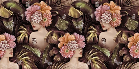 Fotobehang Tropical golden seamless pattern with women, bouquets of hibiscus flowers, plumeria, cactus, monstera, palm, banana leaves, butterflies. Hand-drawn vintage 3D illustration. Good for luxury wallpapers © alenarbuz