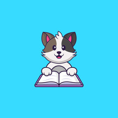 Cute cat reading a book. Animal cartoon concept isolated. Can used for t-shirt, greeting card, invitation card or mascot. Flat Cartoon Style