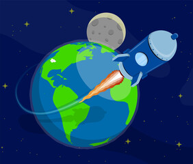Obraz na płótnie Canvas Rocket flying from planet earth into open space to stars. Flights to Mars, Moon and planets of solar system. Cartoon vector