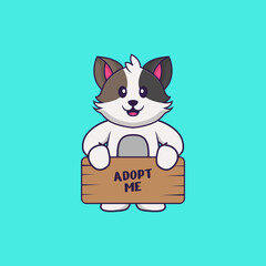 Cute cat holding a poster Adopt me. Animal cartoon concept isolated. Can used for t-shirt, greeting card, invitation card or mascot. Flat Cartoon Style