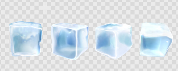 3d realistic crystal ice cubes set. Frozen blocks isolated on translucent background. Square transparent frozen objects. Decorative elements for advertising of refreshing drinks.