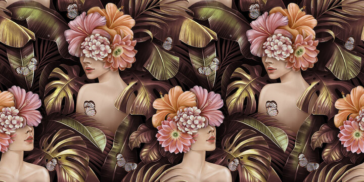 Tropical golden seamless pattern with women, bouquets of hibiscus flowers, plumeria, cactus, monstera, palm, banana leaves, butterflies. Hand-drawn vintage 3D illustration. Good for luxury wallpapers