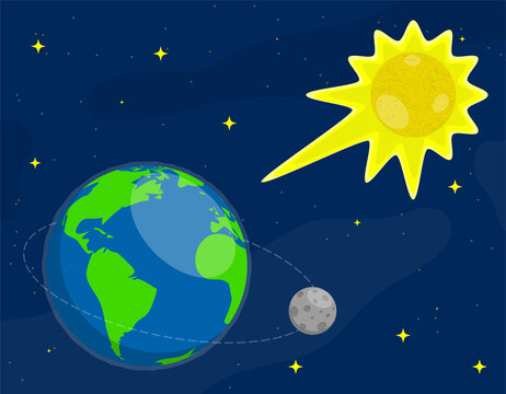 sun shines on surface of Earth and Moon. Star of planet earth. Astronomy, observation of sun activity and weather. Colored vector in cartoon style