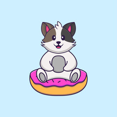Cute cat is sitting on donuts. Animal cartoon concept isolated. Can used for t-shirt, greeting card, invitation card or mascot. Flat Cartoon Style