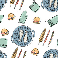Vector seamless pattern of barbecue, barbecue, grill. Picnic in flat cartoon style. Collection of barbecue tools for cafe © Katisko