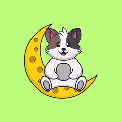 Cute cat is sitting on the moon. Animal cartoon concept isolated. Can used for t-shirt, greeting card, invitation card or mascot. Flat Cartoon Style