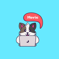 Cute cat is watching a movie. Animal cartoon concept isolated. Can used for t-shirt, greeting card, invitation card or mascot. Flat Cartoon Style