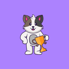 Cute cat holding gold trophy. Animal cartoon concept isolated. Can used for t-shirt, greeting card, invitation card or mascot. Flat Cartoon Style