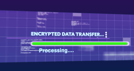 Image of encrypted data transfer text flickering digital interface on screen
