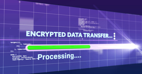 Image of encrypted data transfer text flickering digital interface on screen