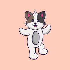 Cute cat is dancing. Animal cartoon concept isolated. Can used for t-shirt, greeting card, invitation card or mascot. Flat Cartoon Style