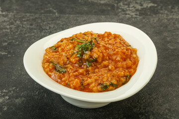 Traditional Georgian Kharcho soup with meat