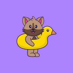 Cute cat With Duck buoy. Animal cartoon concept isolated. Can used for t-shirt, greeting card, invitation card or mascot. Flat Cartoon Style