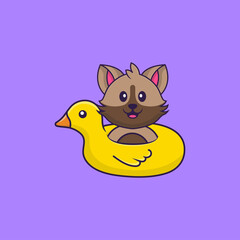 Cute cat With Duck buoy. Animal cartoon concept isolated. Can used for t-shirt, greeting card, invitation card or mascot. Flat Cartoon Style