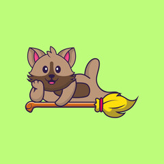 Cute cat lying on Magic Broom. Animal cartoon concept isolated. Can used for t-shirt, greeting card, invitation card or mascot. Flat Cartoon Style