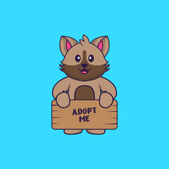 Cute cat holding a poster Adopt me. Animal cartoon concept isolated. Can used for t-shirt, greeting card, invitation card or mascot. Flat Cartoon Style
