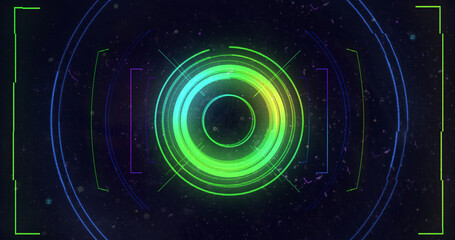 Image of flickering glowing scope scanning and geometric figures spinning on purple background