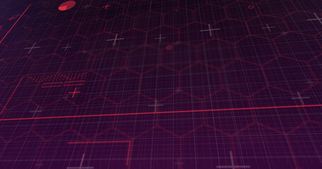 Image of network of red hexagons and light trails on black background