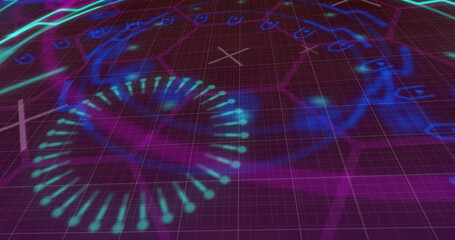 Image of scope scanning over network of pink hexagons on black background