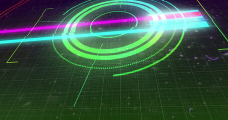 Image of glowing multi coloured scope scanning with markers over grid background