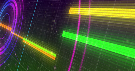 Fototapeta premium Image of glowing multi coloured scope scanning with markers over grid background