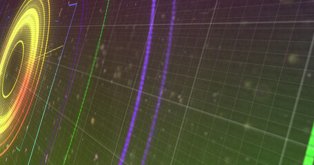 Image of glowing multi coloured scope scanning with markers over grid background