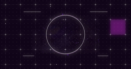 Image of glowing purple squares and scope scanning with markers over grid background