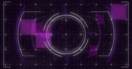 Image of glowing purple squares and scope scanning with markers over grid background