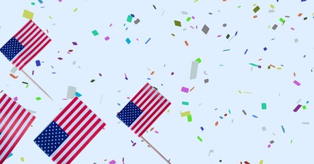 Composition of american flags, over falling confetti, on white