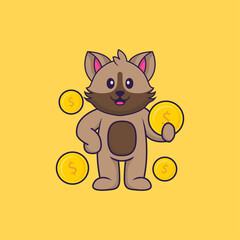 Cute cat holding coin. Animal cartoon concept isolated. Can used for t-shirt, greeting card, invitation card or mascot. Flat Cartoon Style