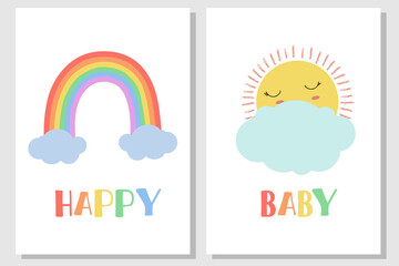 set of baby newborn room décor cute sun rainbow baby color, colorful with rainbow color cartoon vector crayon cloud sky 
