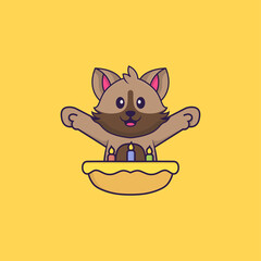 Cute cat with birthday cake. Animal cartoon concept isolated. Can used for t-shirt, greeting card, invitation card or mascot. Flat Cartoon Style