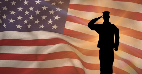 Composition of silhouette of saluting soldier, over waving american flag