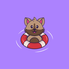 Cute cat is Swimming with a buoy. Animal cartoon concept isolated. Can used for t-shirt, greeting card, invitation card or mascot. Flat Cartoon Style