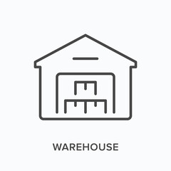 Warehouse flat line icon. Vector outline illustration of storage building. Black thin linear pictogram for logistic depot