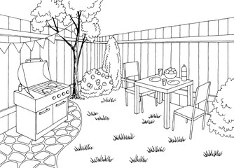 Backyard bbq garden party graphic black white sketch illustration vector