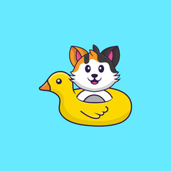 Cute cat With Duck buoy. Animal cartoon concept isolated. Can used for t-shirt, greeting card, invitation card or mascot. Flat Cartoon Style