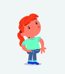 cartoon character of little girl on jeans looks with doubt and somewhat surprised