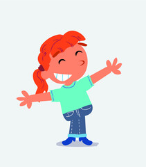 : cartoon character of little girl on jeans opening arms very happy.