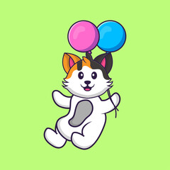 Cute cat flying with two balloons. Animal cartoon concept isolated. Can used for t-shirt, greeting card, invitation card or mascot. Flat Cartoon Style
