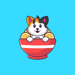 Cute cat eating ramen noodles. Animal cartoon concept isolated. Can used for t-shirt, greeting card, invitation card or mascot. Flat Cartoon Style
