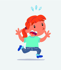 cartoon character of little girl on jeans runs away in terror