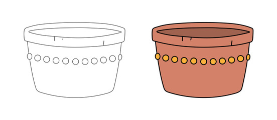 Empty clay flower pot in a simple flat graphic outline style. Linear and color illustration of hand-drawn ceramic container for growing plants, image of garden tool. Isolated vector object for decor