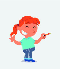  cartoon character of little girl on jeans says something funny while pointing to the side with a pencil.