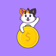 Cute cat holding coin. Animal cartoon concept isolated. Can used for t-shirt, greeting card, invitation card or mascot. Flat Cartoon Style