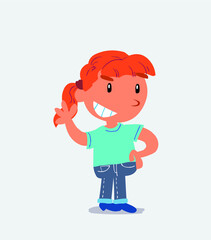 cartoon character of little girl on jeans waving while smiling