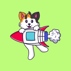 Cute cat flying on rocket. Animal cartoon concept isolated. Can used for t-shirt, greeting card, invitation card or mascot. Flat Cartoon Style