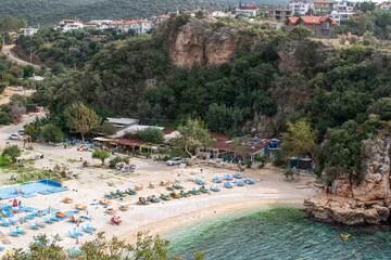 Panoramic view of Great Pebble Beach (Büyükçakıl Plajı) in Kas, Lykian Coast, Turkey