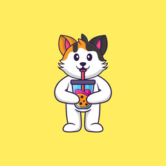 Cute cat Drinking Boba milk tea. Animal cartoon concept isolated. Can used for t-shirt, greeting card, invitation card or mascot. Flat Cartoon Style