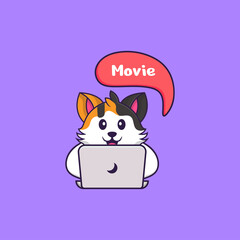Cute cat is watching a movie. Animal cartoon concept isolated. Can used for t-shirt, greeting card, invitation card or mascot. Flat Cartoon Style